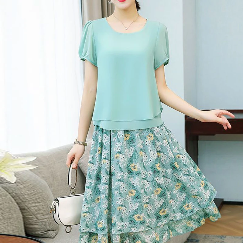 Two Peice Set for Women Korean Fashion Double Layer Short Sleeve Blouse Summer Sweet Floral Print Ruffle Skirts Elegant Outfits