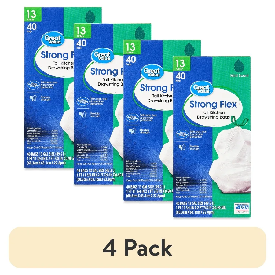 

4 pack Strong Flex 13 Gallon Tall Kitchen Trash Bags with Mint Scent for Efficient Waste Management in Modern Kitchens Durable