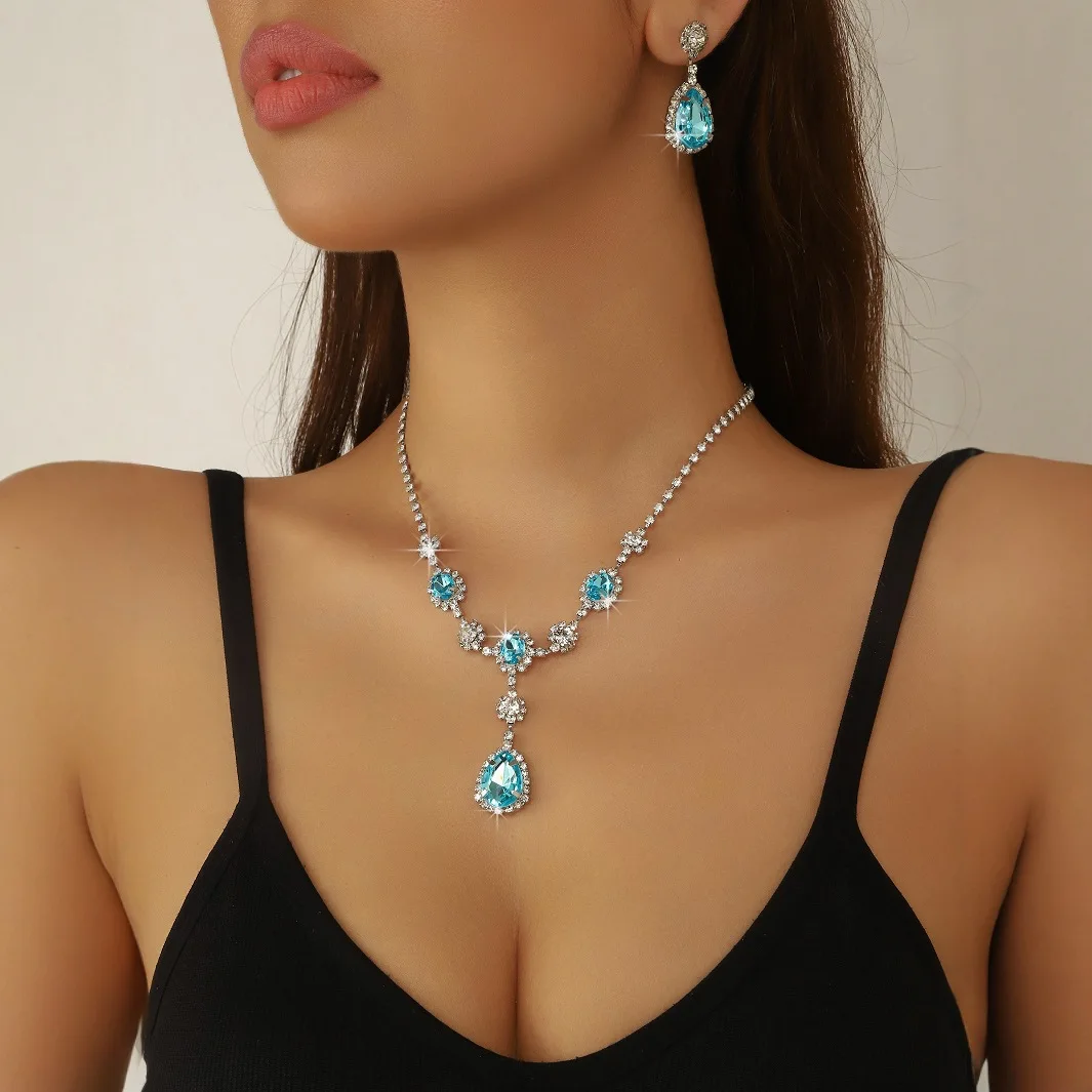 

Blue exaggerated temperament water drop zircon necklace earrings set women's light luxury advanced sense collarbone chain