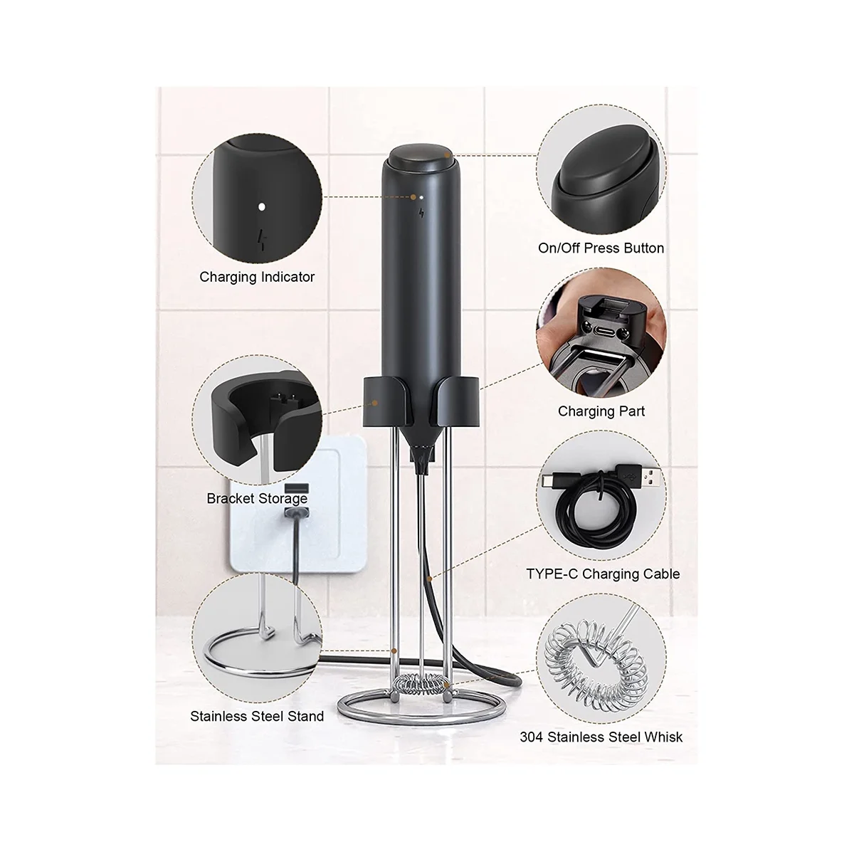 Handheld, Electric Milk Frothers with USB Rechargeable Stand, Portable Drink Mixer Pasteable Hanging Stand