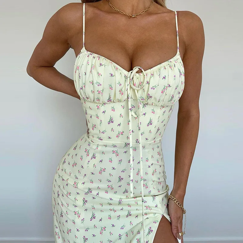 Sexy Women's Floral Print Cami Dress with Side Slits Tie-Waist Design for a Slim Fit Perfect Beach Vacations Parties Casual Wear