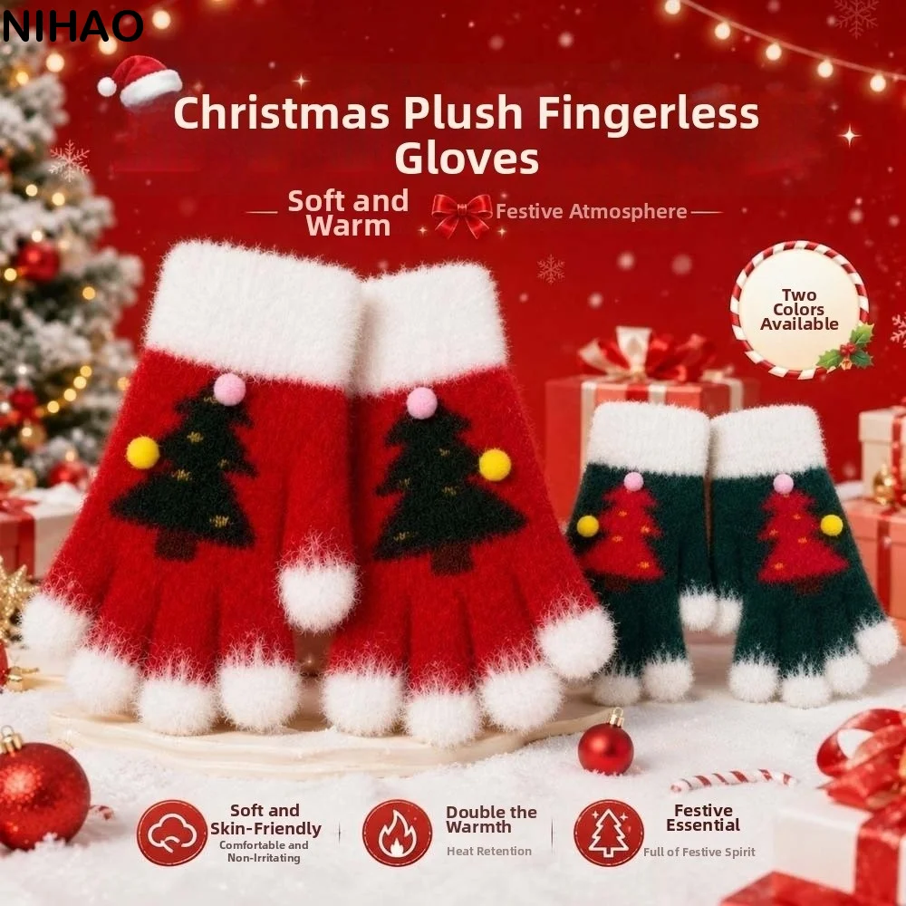 Red Green Christmas Gloves Knitted Woolen Plush Cuff Winter Knit Mittens Double Colored Thick Lining Touchscreen Full Finger