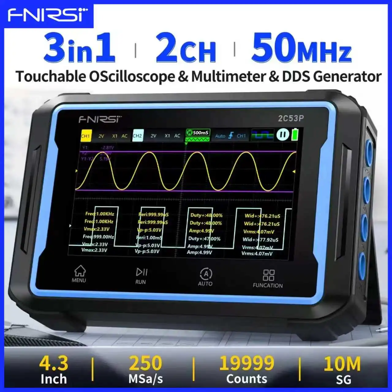 FNIRSI 2C53P Touchscreen Digital Oscilloscope Dual Channel 250MS/s 50Mhz 3 in 1 Multimeter Signal Generator Electronics Repair