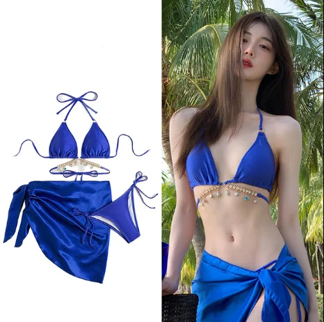 

Swimsuit women's sapphire blue bikini sexy rhinestone strap neck beach hottie three-point small breast skirt hot spring