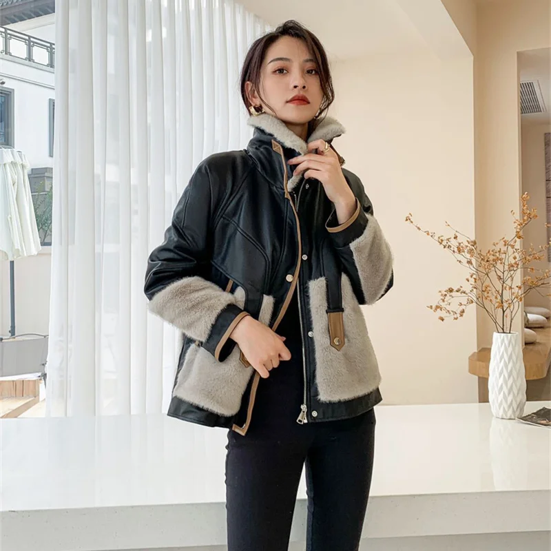 Fashion Faux Mink Fur Spliced Leather Jacket Women's Short Cotton-padded Coat Autumn Winter Thicken Warm Loose Outerwear Female