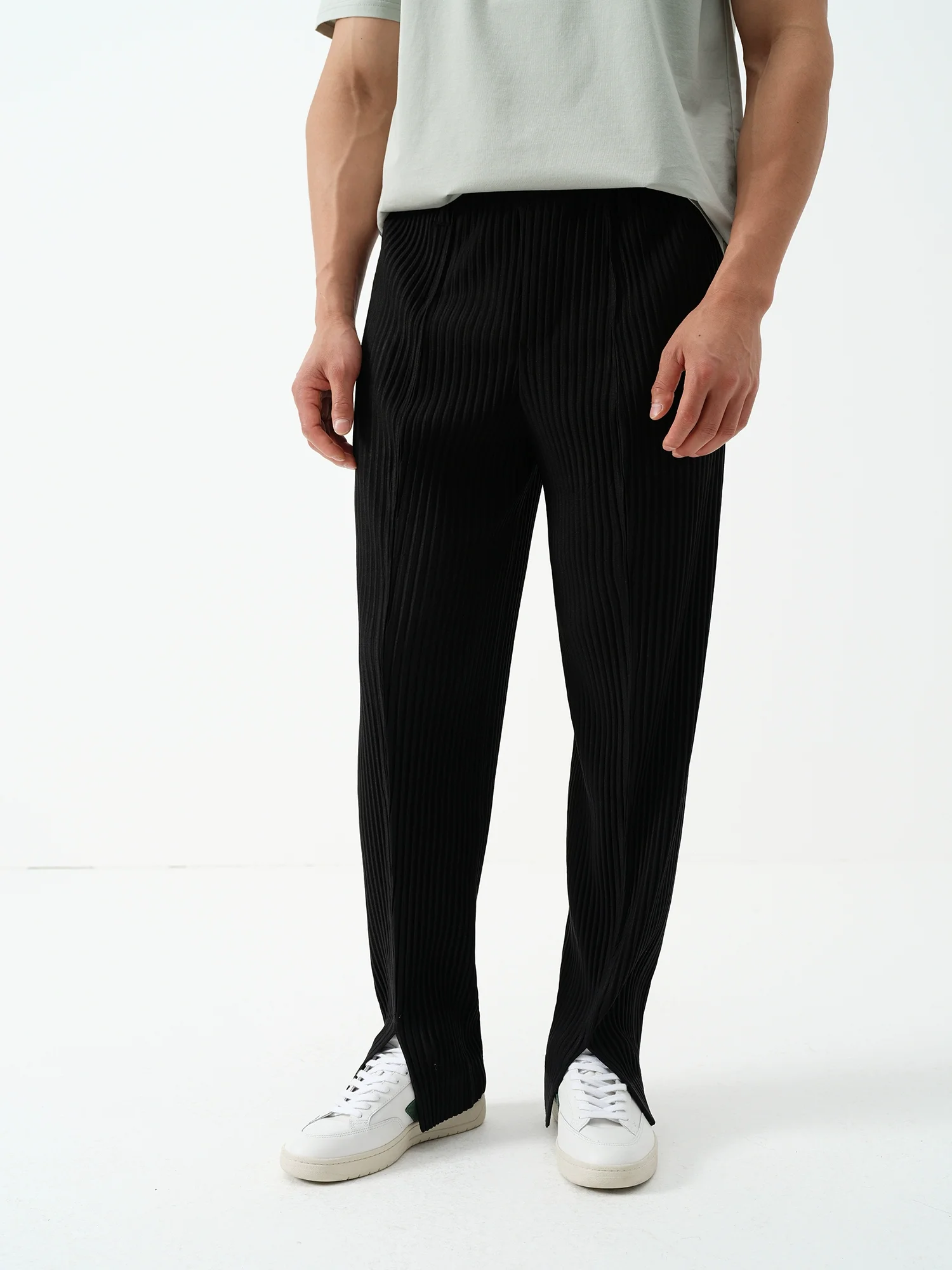 Miyake Trousers Pleated Slit Pants British Stylish Black Pants For Mens Breathable Casual Drape Everyday Pants