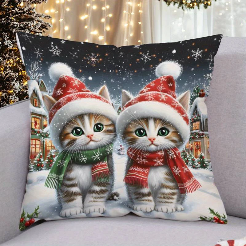 

Cute Kittens in Christmas Hats PillowcaseSuitable for sofa car bedroom decorative cushion cover pillow cover