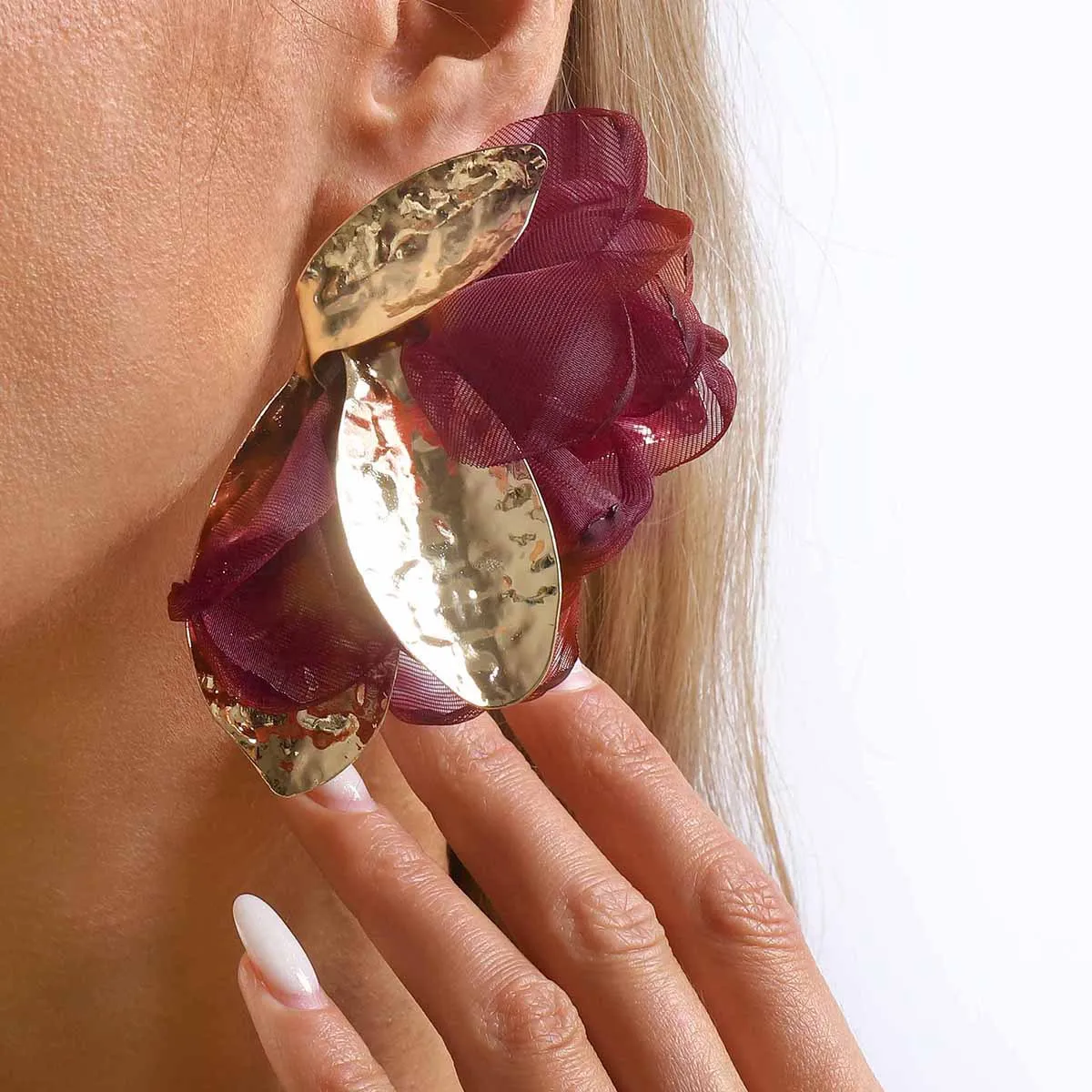 Burgundy Translucent Petal Flower Drop Earrings Hammered Metallic Glare Trendy Statement Ear Jewelry Elegant Party Gift