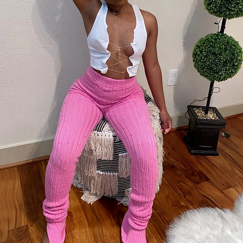 المرأة محبوك تويست منتصف الخصر Pants غير رسمية ، الجانب مفتوحة ضيق السراويل الرياضية ، أحادية اللون ، الخريف والشتاء