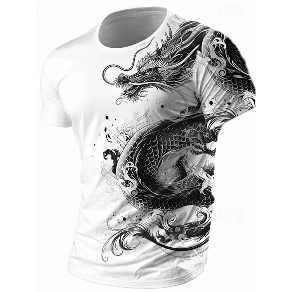 Ink Wash Oriental Dragon Print Men T Shirt 3D Graphic Streetwear Casual Outdoor Summer Short Sleeve Tops