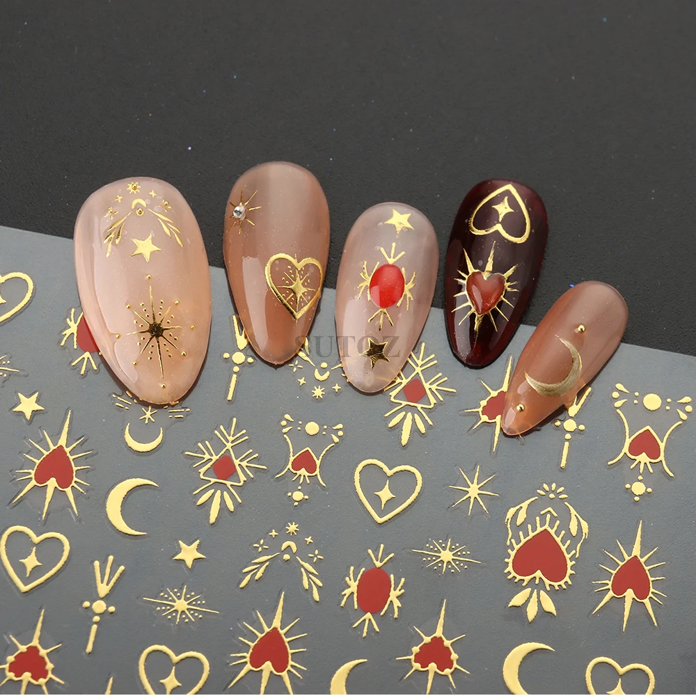 3D Heart Nail Stickers Celestial Nail Decals Gold Silver Star Moon Sliders For Manicure Y2K Design Kawaii Accessories LEBBTF-S28