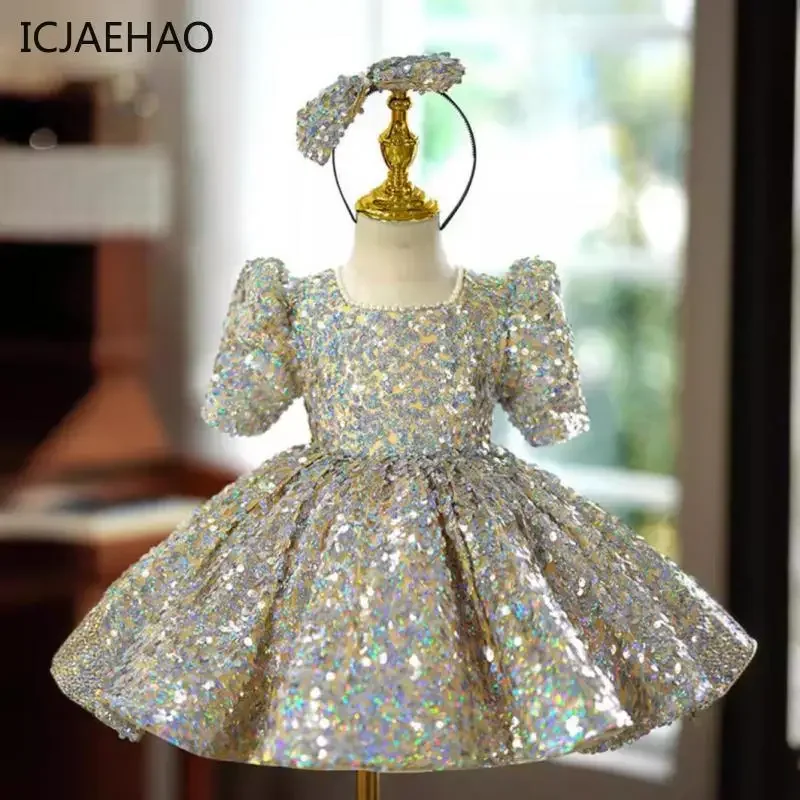 2025 Girl Birthday Party Baby Kids Princess Dress Neck High End Ballroom Clothing Luxury Sequin Short Sleeved Round