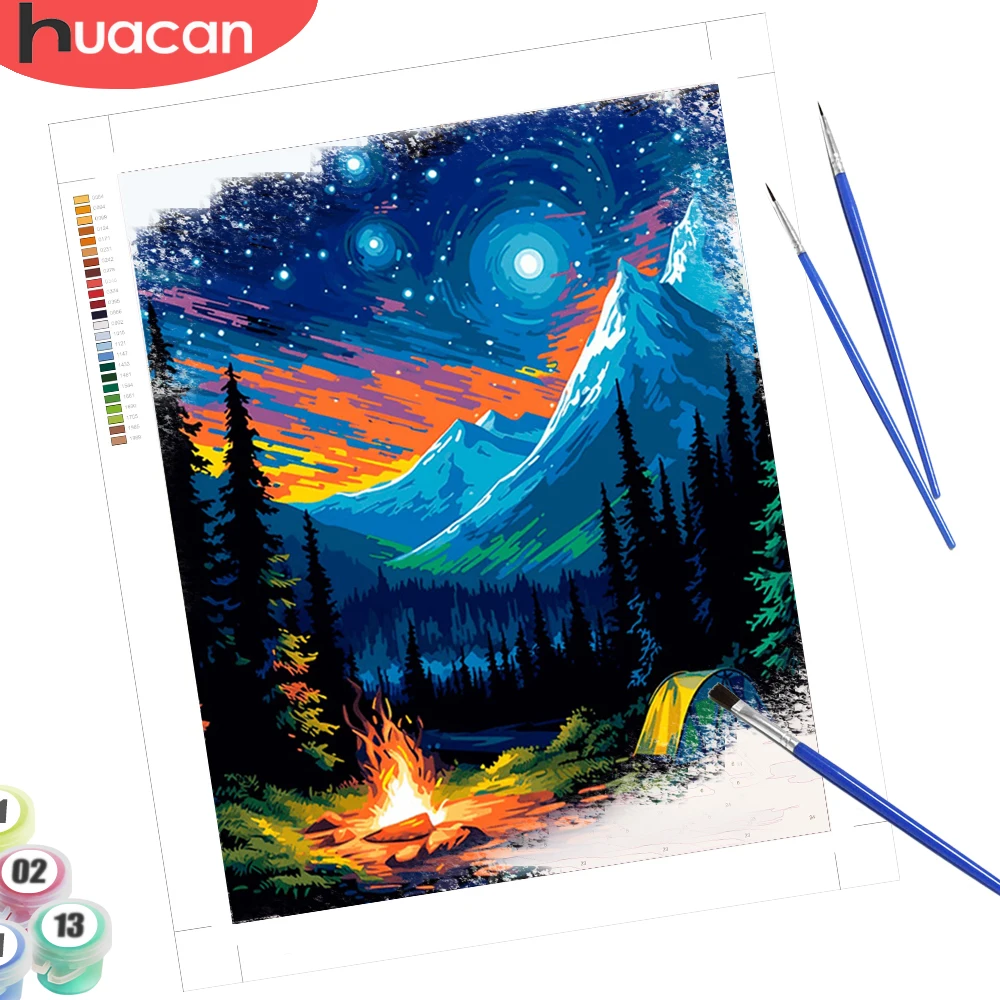 HUACAN صور زيتية طلاء بالأرقام منظر طبيعي جبلي رسم على قماش السماء المرصعة بالنجوم غابة هواية الفن الإبداعي