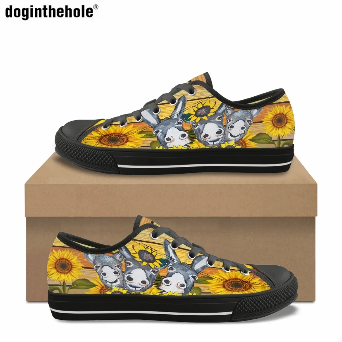 Fashion Hot Farm Donkey Sunflower Pattern Print Women's Casual Flat Shoes Classic Canvas Shoes Outdoor Sports Low Top Sneakers