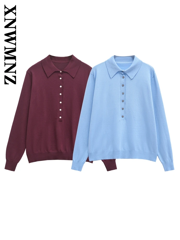 XNWMNZ 2024 Autumn New Female Japanese Polo Collar Knitted Polo Shirt Top Sophisticated Woman Button Long Sleeve Jumper Sweater