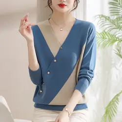 2023 New Autumn and Winter Fashionable and Westernized Color Matching V-neck Diagonal Button Loose Casual Versatile Sweater