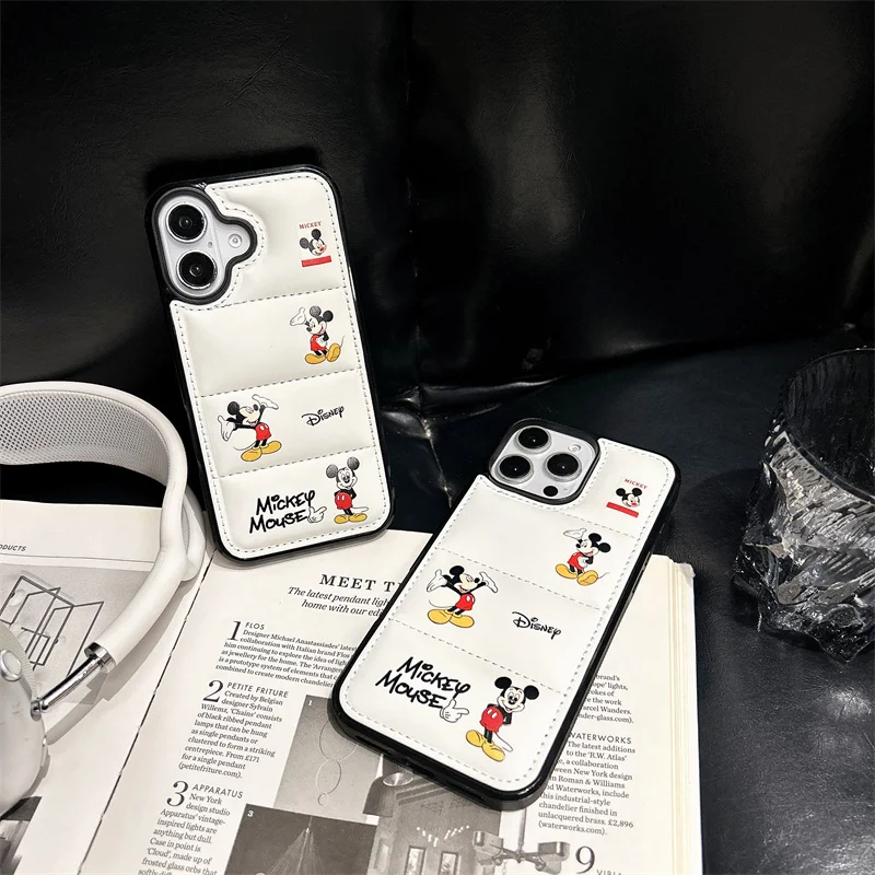 Disney Mickey Mouse Down Jacket Puffer Soft Fabric Case for iPhone 16 15 14 13 12 11 Pro X XR XS Max 7 8 Plus Shockproof Cover