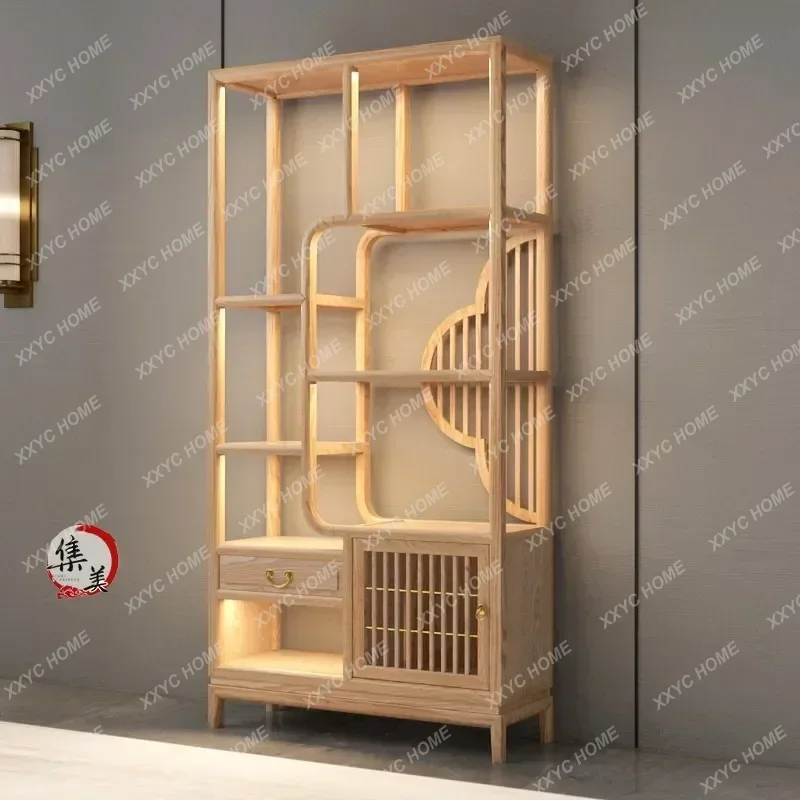 HHGreat discounts New Chinese pure solid wood Bogu frame tea room ash wood is simple, tea rack storage display ornament cabin