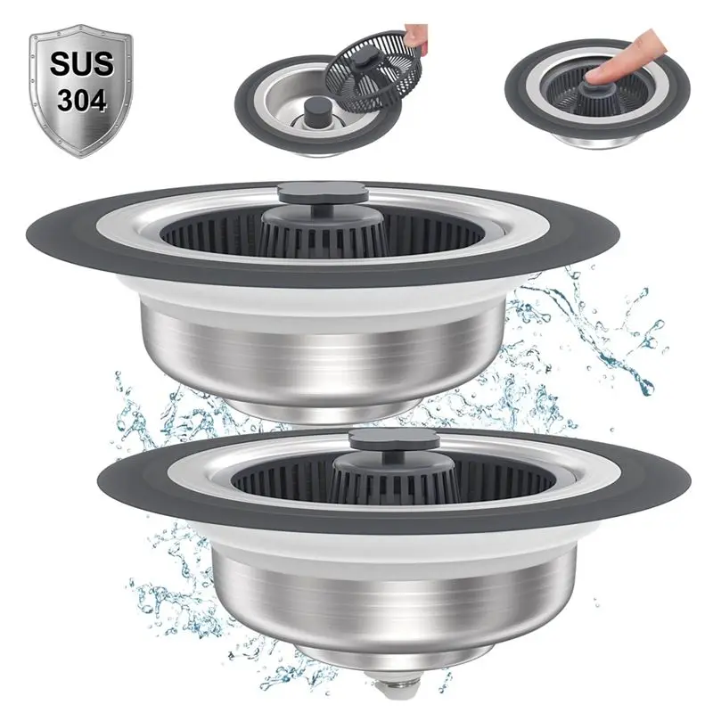 Exquisite-2 Pack Upgraded 3 In 1 For Kitchen Sink Drain Strainer Stopper Combo, Stainless Steel Basket Filter Sink Strainer