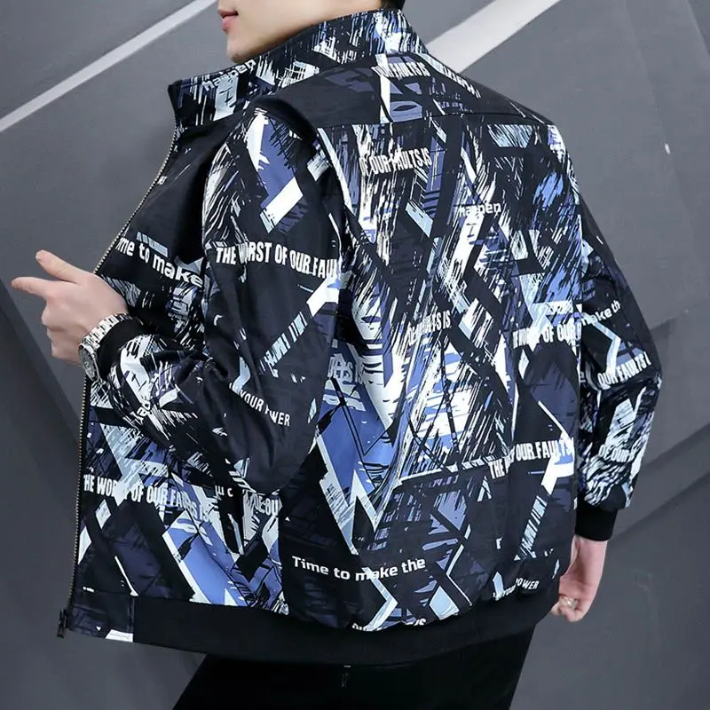 Fashion Stand Collar Zipper Casual Printed Letter Jackets Men\'s Clothing 2024 Spring New Loose All-match Tops Korean Coats