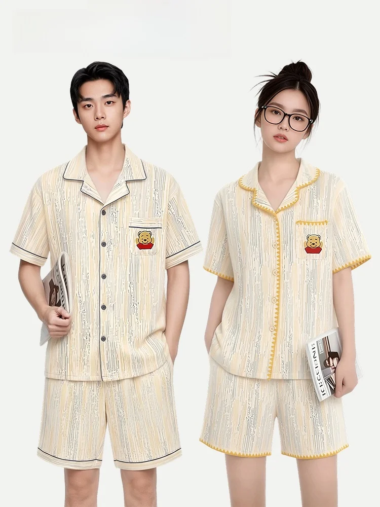 

Couple's Cotton Pajamas Summer Stripe Bear Short Sleeve Shorts Women's Outdoor Wearable Home Clothes Loose Fit Comfortable