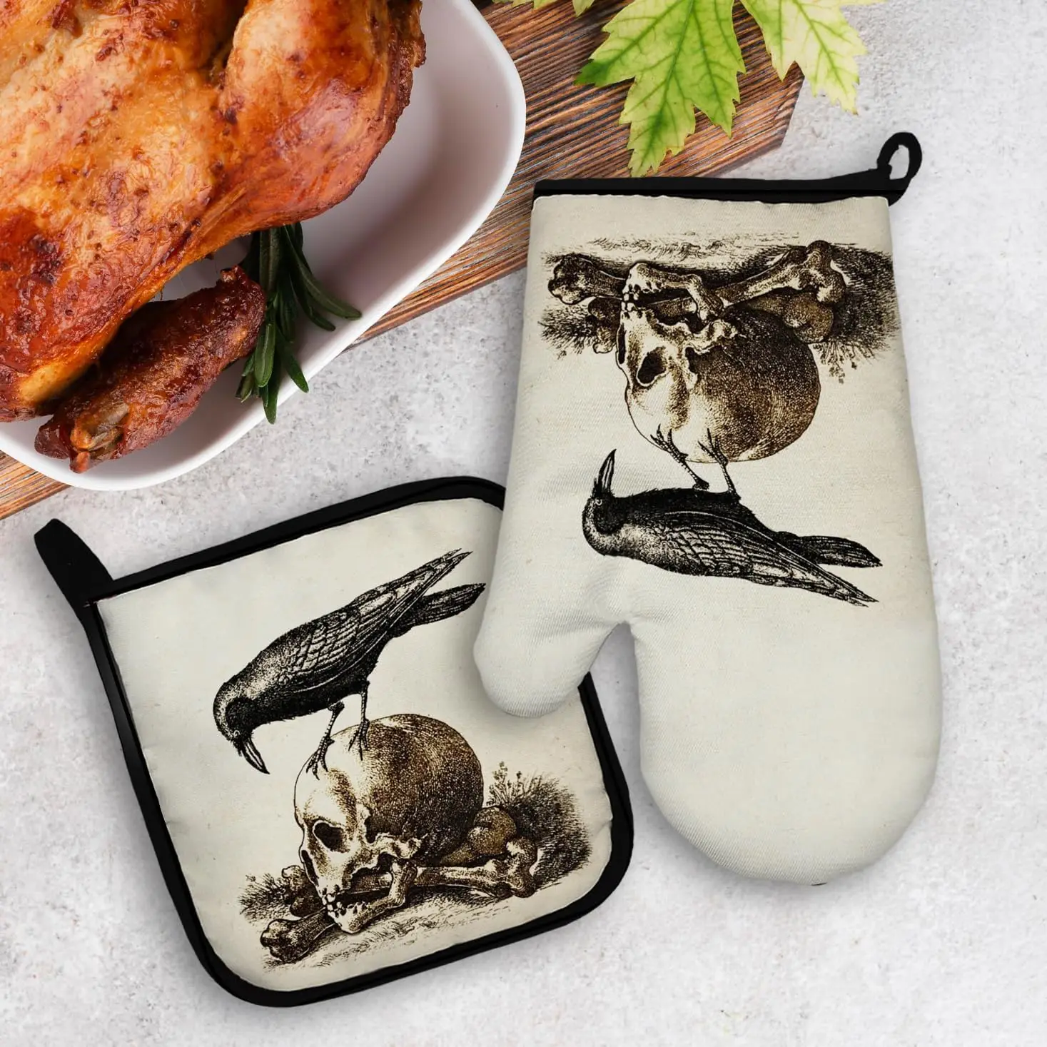 Raven Skull Halloween Oven Mitts and Pot Holders Sets, Goth Raven Heat Resistant Potholder Kitchen Decor for Cooking Baking