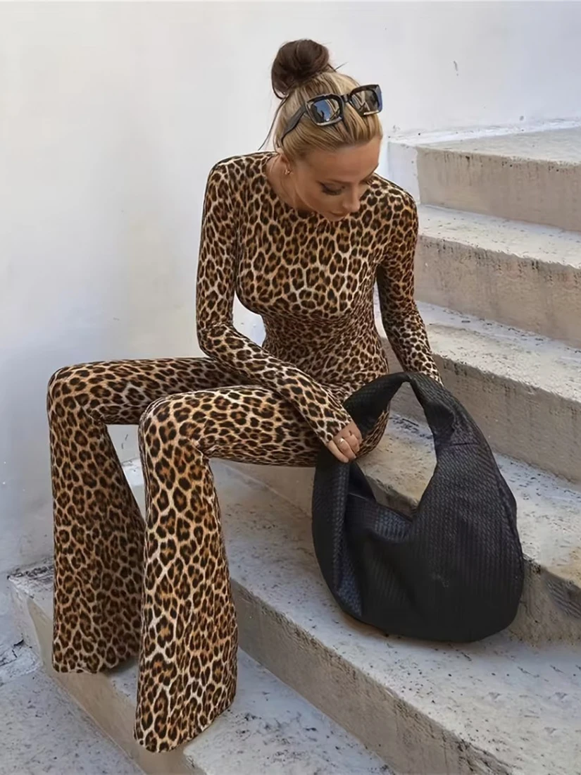 

Wild Leopard Print One-Piece Suit Long Sleeve Sexy Backless Women's Street Style High Waist Pants Thin Polyester Fabric