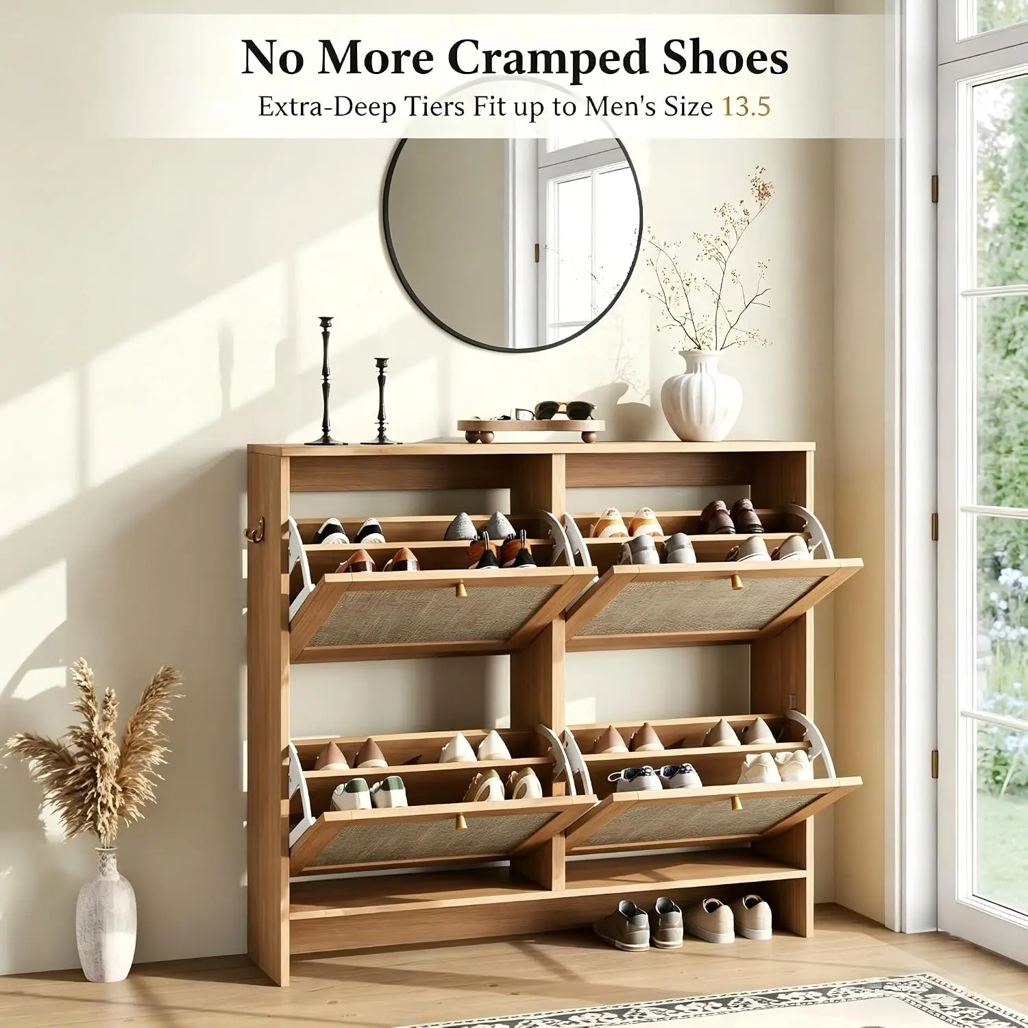 4-Flip Drawer Narrow Shoe Rack Adjustable Shelves Rattan Slim Wood Storage Small Spaces Fits Size 13.5, Customized