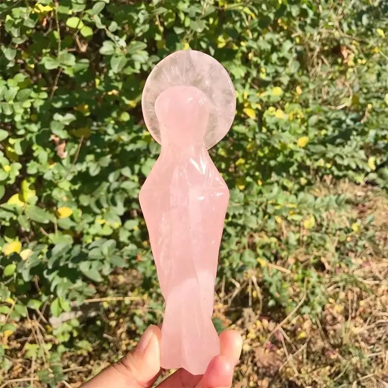 16CM Natural Rose Quartz Statue Of The Virgin Mary Crystal Carving Crafts Cure Fashion Home Decoration Gift 1pcs