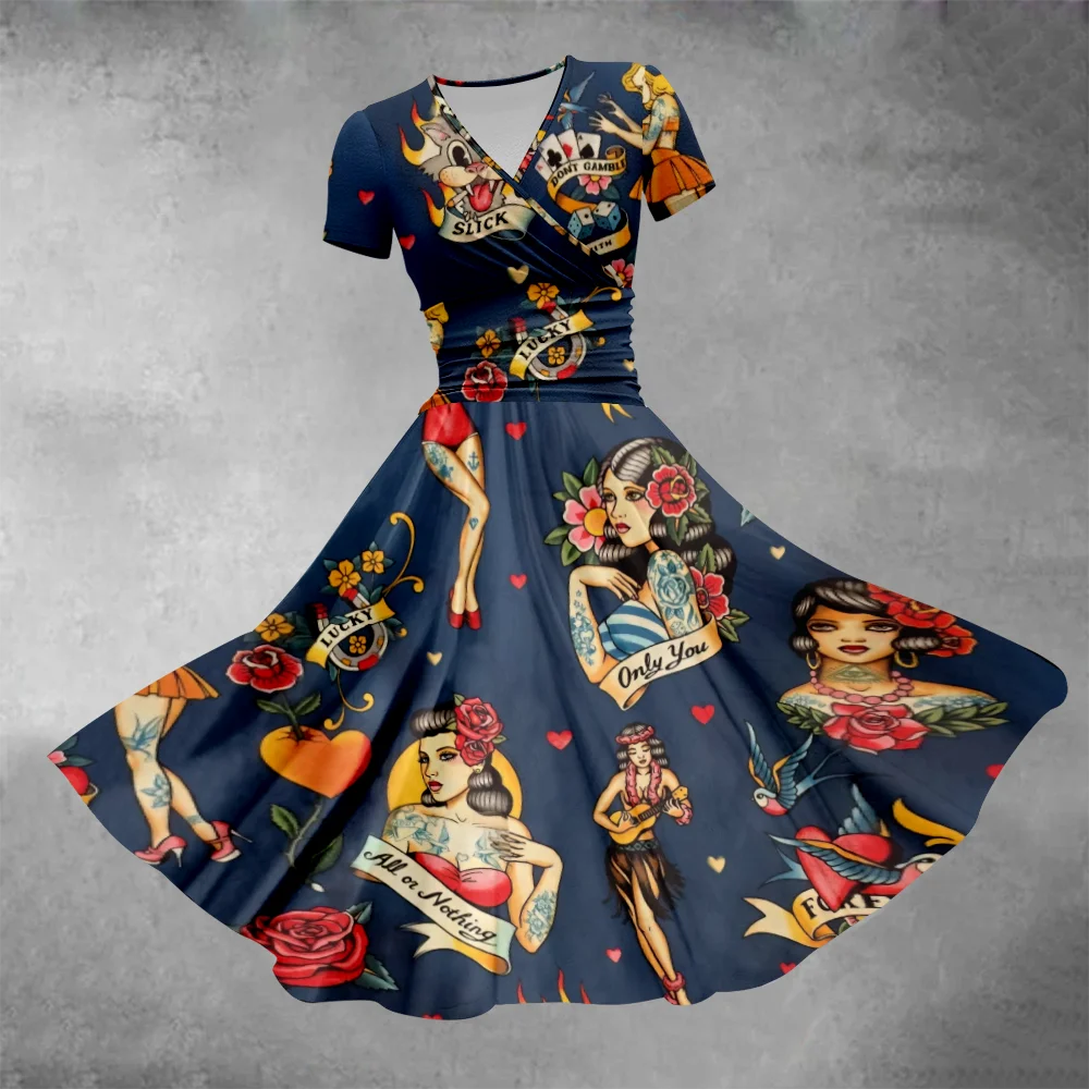 Cartoon Rose Girl Dress Fashion Party Dresses Short Sleeve Womens Dresses Vintage Beautiful Elegant Robe Lady Vestidos Clothing