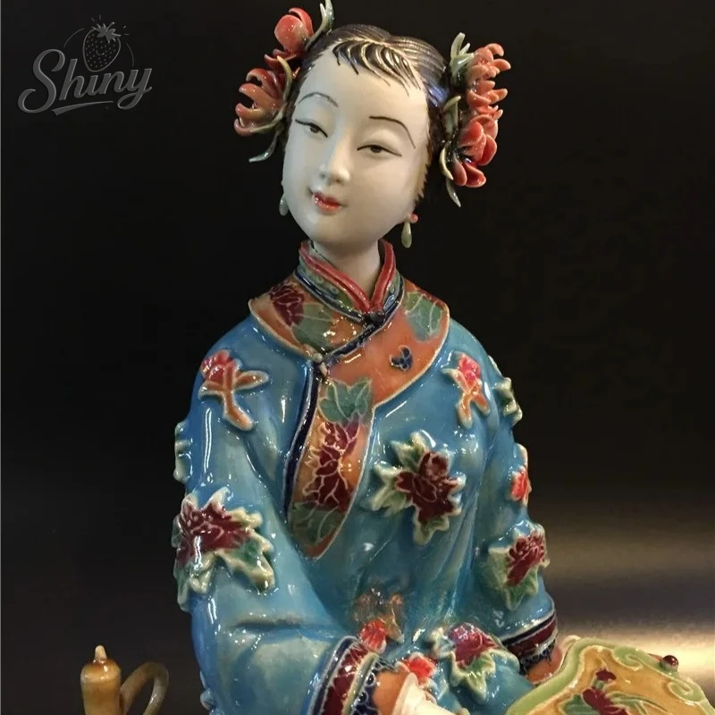 Shiwan Ceramic Lady Statue Home Living Room TV Cabinet Jewelry Wine Cabinet Entrance Decoration Classical Beautiful Woman