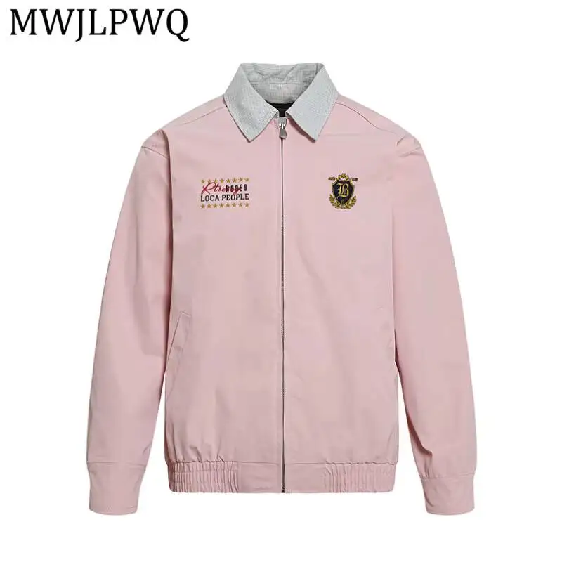 MWJLPWQ American Retro Letter Embroidery Color-Blocked Lapel Jacket For Men Women Loose Casual Zip-Up Tops Autumn Trendy 17050