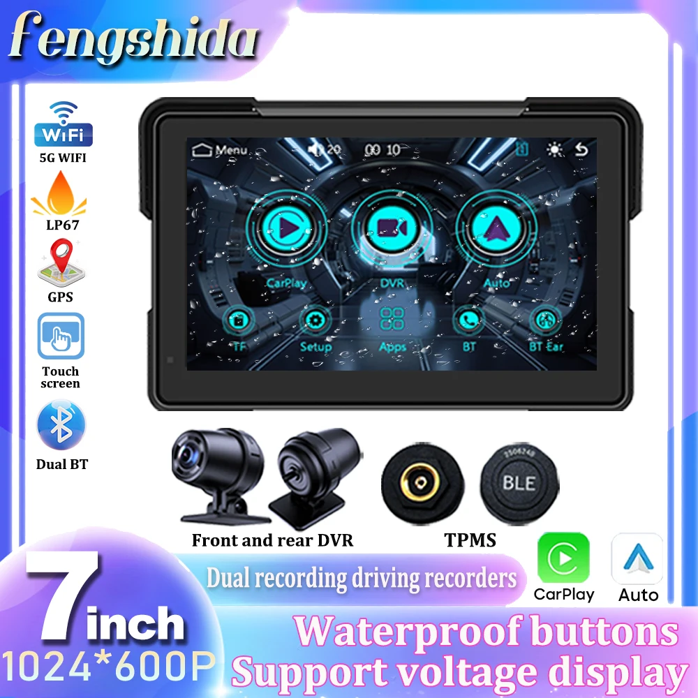 

7 inch Cam with Motorcycle CarPlay Navigation Wireless CarPlay Android Auto Airplay Display Screen Portable Motorcycle Monitor