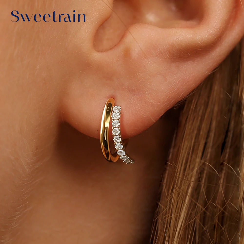 Sweetrain Moissanite Hoop Earrings S925 Sterling Silver 18K Gold Plated Double Circle Huggie Earrings Hypoallergenic For Women