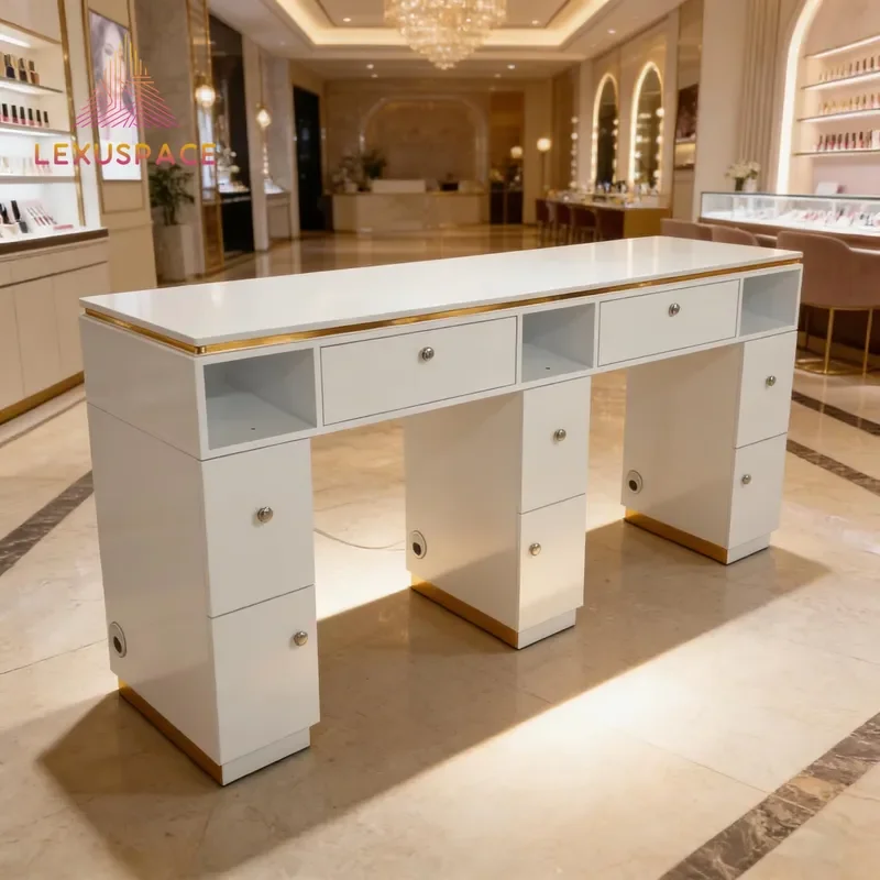 Customizable Length Wooden Manicure Table With Dust Collector Modern Design For Nail Salons Professional Beauty Station