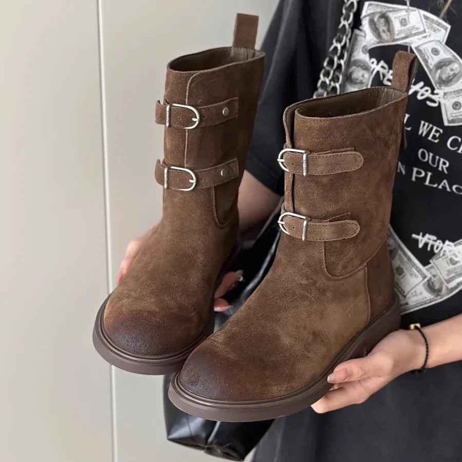 

Кожаные байкерские ботинки с поясом Bule ort Boots Женские осенне-зимние утягивающие коричневые ботинки до середины икры Faion Thi Bot