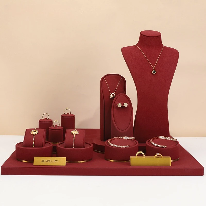 

Wine Red Jewelry Display Rack Microfiber Showcase Counter Jewelry Display Stand Luxury Necklace Ring Earrings Shooting Props