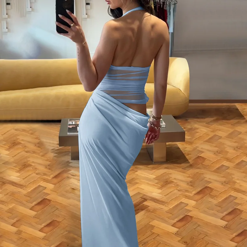 トルノバ 3Dフラワーホルターセクシーロングドレス レディース 2026新作 バケーション服 ファッション メッシュ シースルー スリム レディース ウエストホロードレス