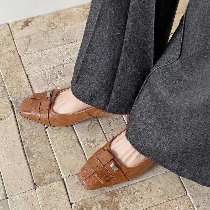 Women Genuine Sheepskin Pumps Square Toe Woven Design Slip‑On Kitten Heel Minimalist Elegant Dress Office Flats Shoes F504
