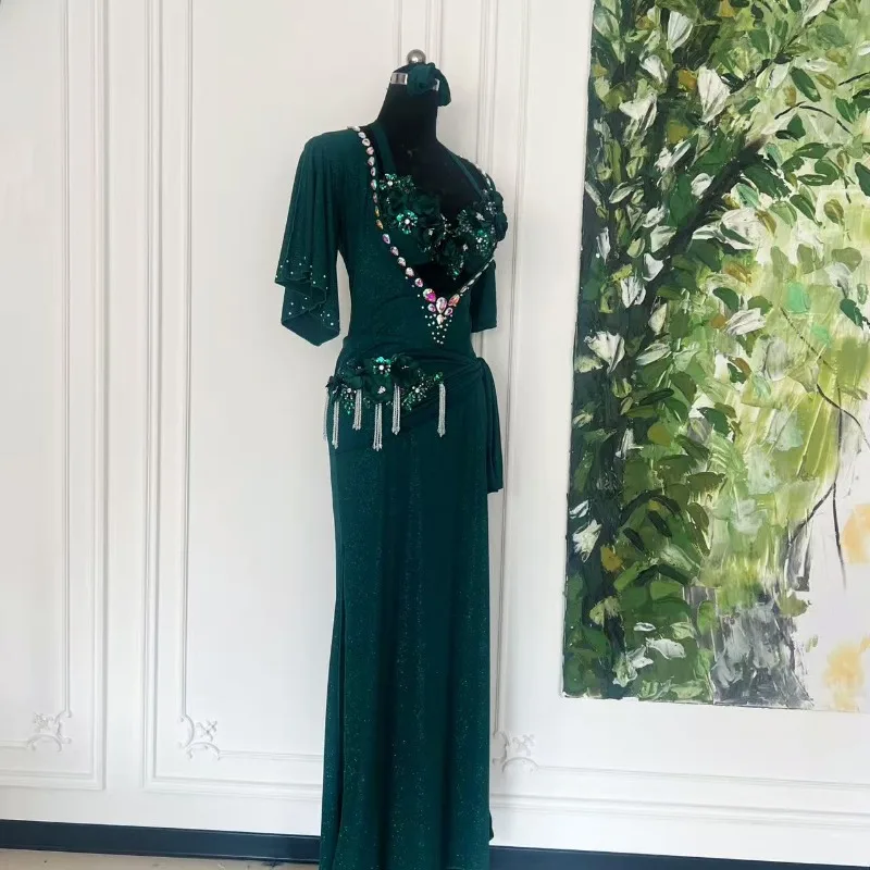 Customized Oriental Belly Dance Dress for Women Adult Egyptian Indian Long Dress Robe Advanced Green Bra Robe Belt Hairband 4Pcs