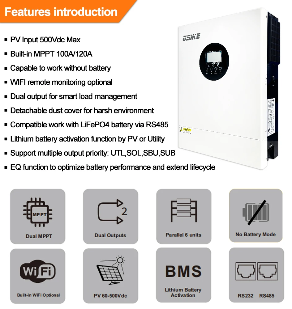 GSIKE 3,5 kW 24 V 2,5 kW 12 V Hybrid-Solarwechselrichter mit Dual-MPPT, reiner Sinuswelle, Solar-WLAN-Controller, Farb-LCD-Display, 100-60 A PV-Ladegerät – Detail 13