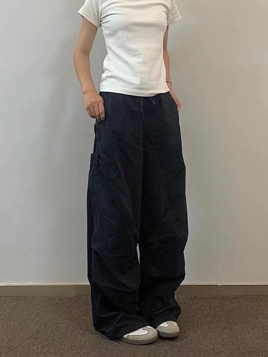 アメリカンレトロストリートソルジャーワークパンツメンズレディースパッチワークプリーツストレートルーズカジュアル多用途ワイドレッグロングパンツ