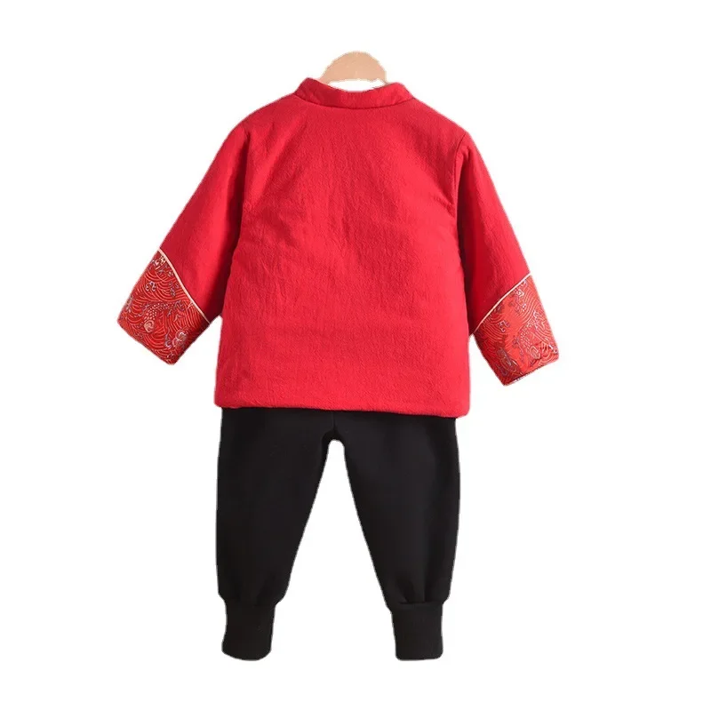 Traje Tang para chico, pantalones superiores gruesos de estilo chino, bordado de doble pez para niños y niñas, traje tradicional Oriental de Año Nuevo auspicioso