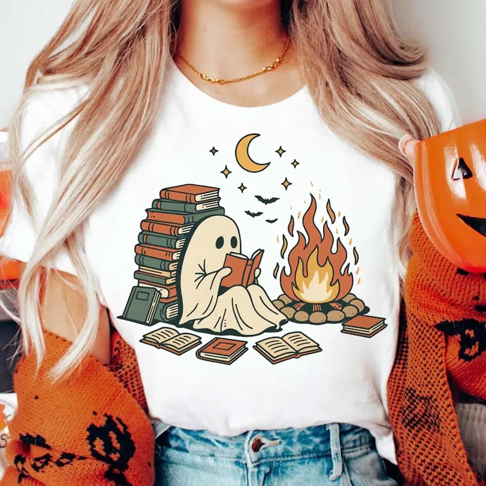 

Witch Book Club Pattern Cute 90s Casual T-Shirt Printed Short Sleeve O-Neck Halloween New Basic Clothing Fashion White T-Shirt