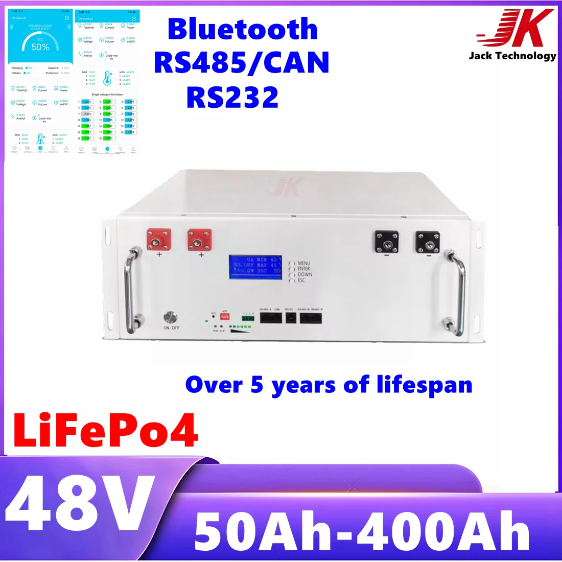 

JK 48V 51.2V 100Ah 200Ah 50Ah 60Ah 80Ah 120Ah 150Ah 300Ah 400Ah Lifepo4 Battery RS485 CAN RS232 for Solar Energy Storage Base PV