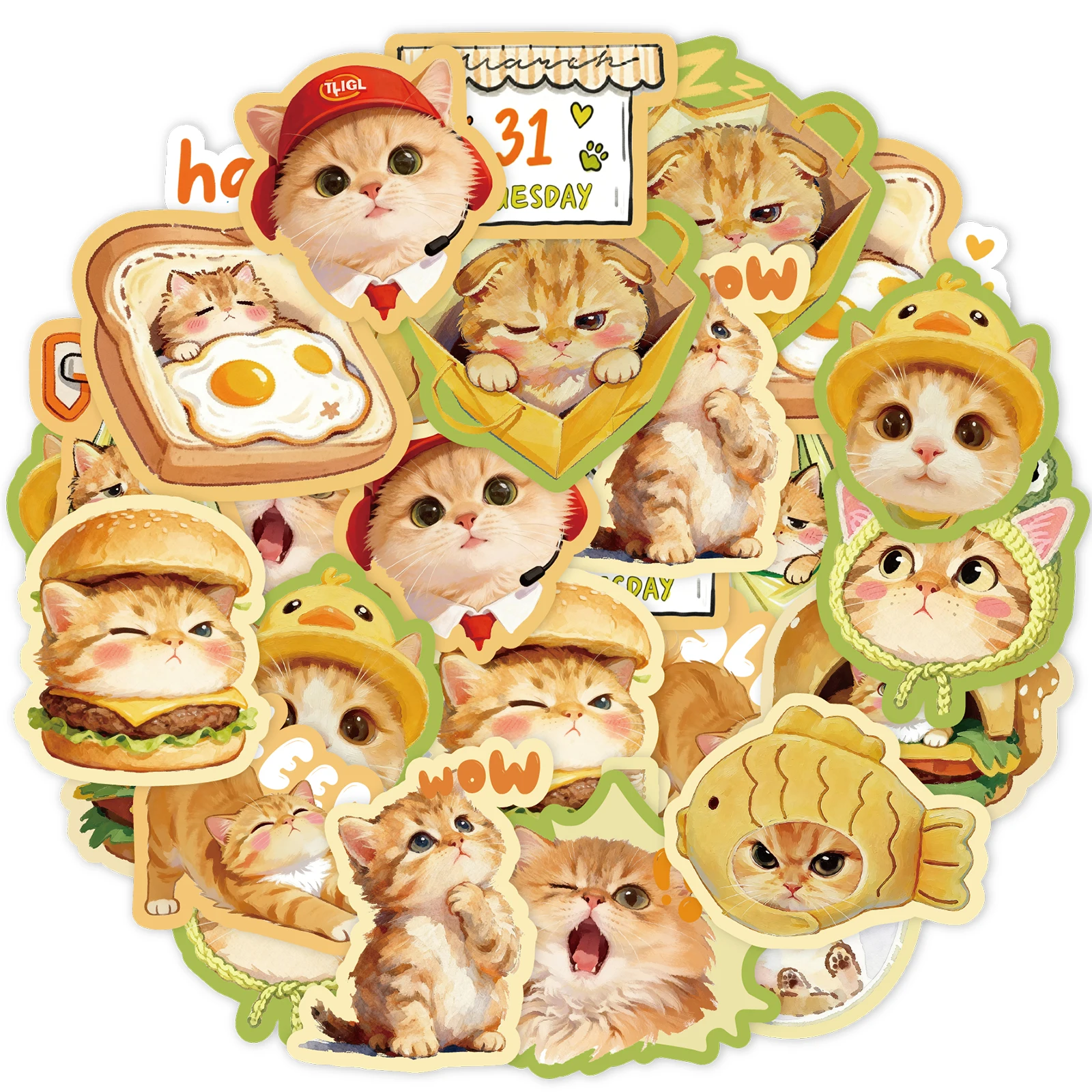 Etori Life Mischievous Caramel Cute Cartoon Orange Cat Food Costume Fun Daily Decoration Transparent Material for Laptops, Phone Stickers, Photo Albums, Luggage, Office Decoration Accessories, Handmade Scrapbooking Supplies, Room Decoration, Birthday Gifts, DIY Artwork, Card Making, Baking Seals, Party Stickers, Children's Stickers, Stickers That Are Not Easily Wetted