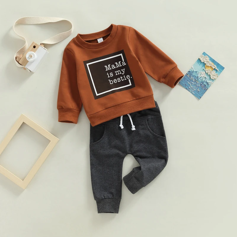 Toddler Baby Boy Clothes Mamas Bestie Long Sleeve Sweatshirt Jogger Pants Set Fall Winter Outfits