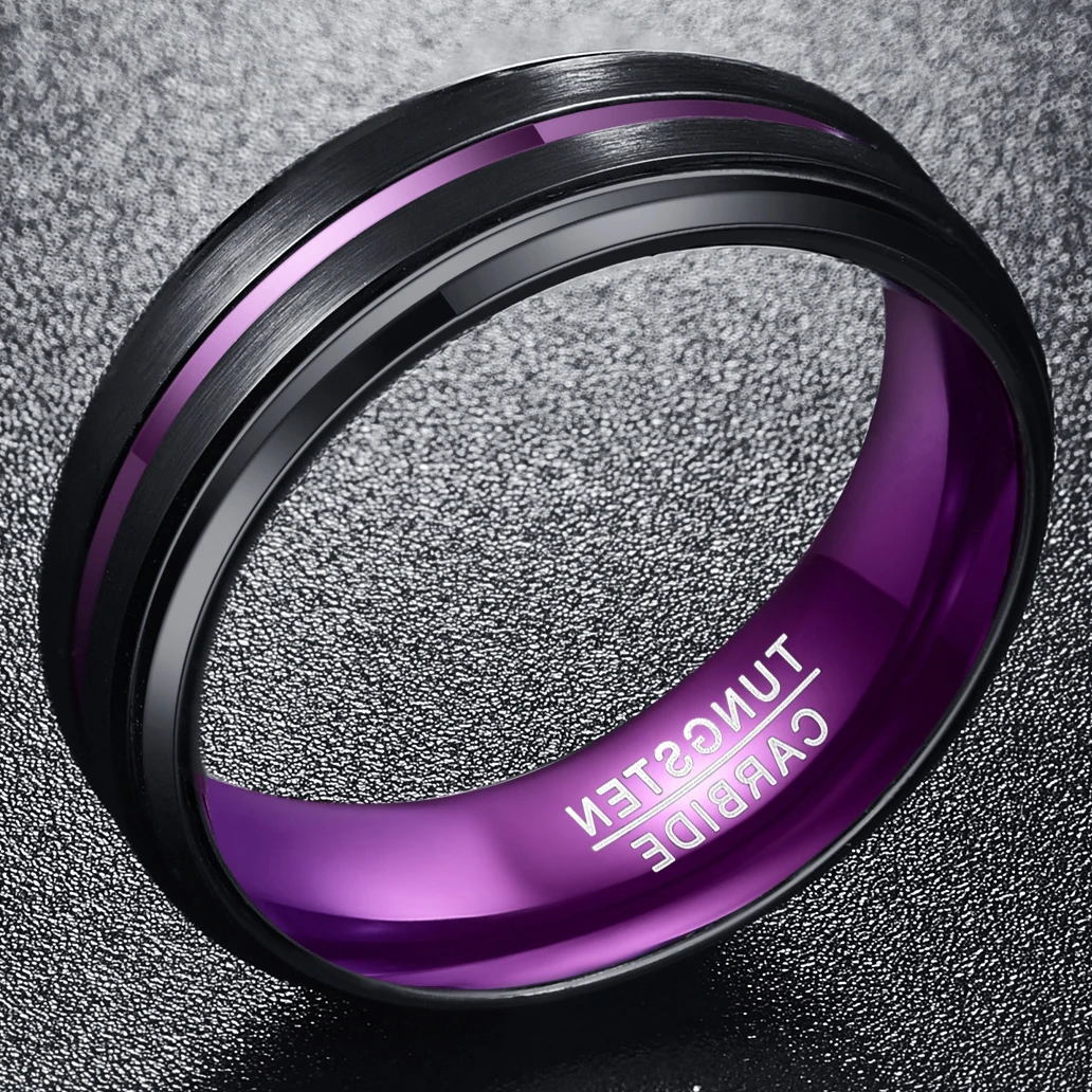 Nuncad 6-15 8MM Galvanized Black Matte Finish Purple Grooved Step Small Bevel Tungsten Carbide Men's Ring Wedding Jewelry Male