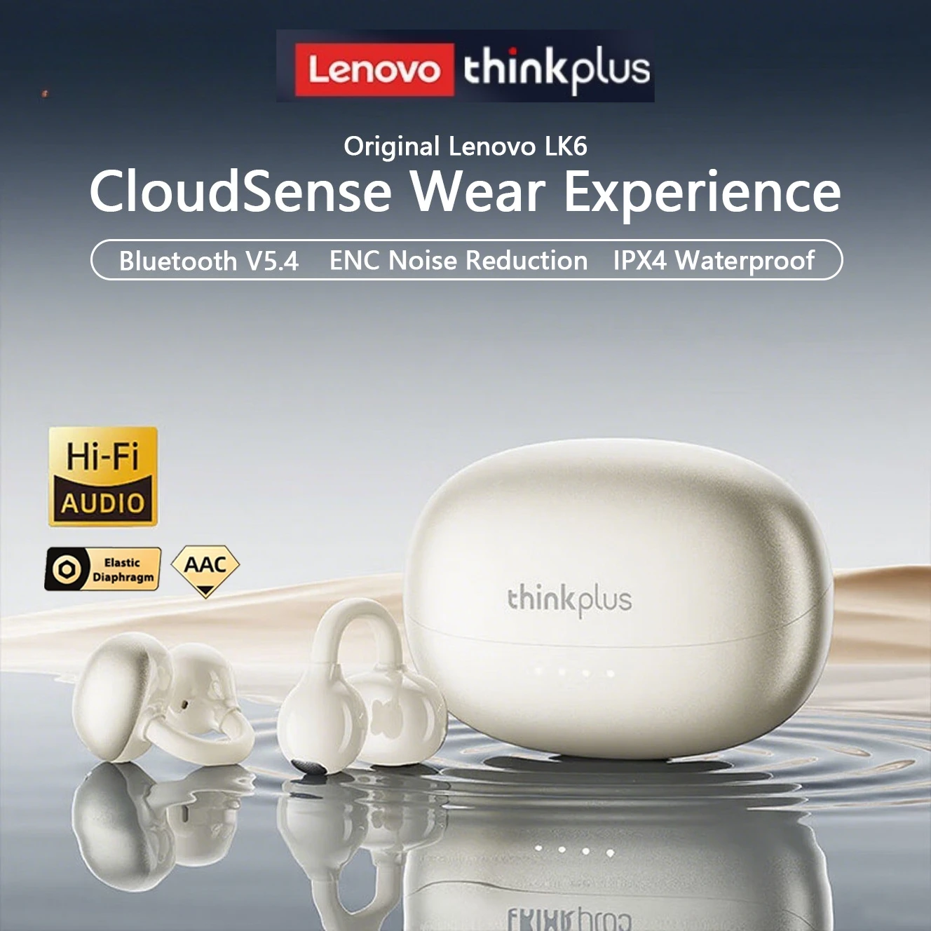 Original Lenovo Thinkplus LK6 Wireless Headphones Ear Clip Bluetooth 5.4 Earphones HD Stereo Music Game Noise Reduction Earbuds