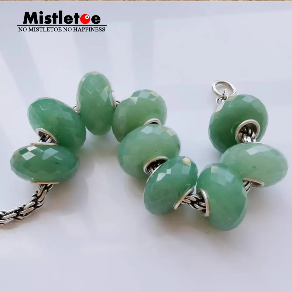 Mistletoe 925 Sterling Silver Faceted Natural Green Aventurine Stone Charm Bead Fit European Bracelet Jewelry